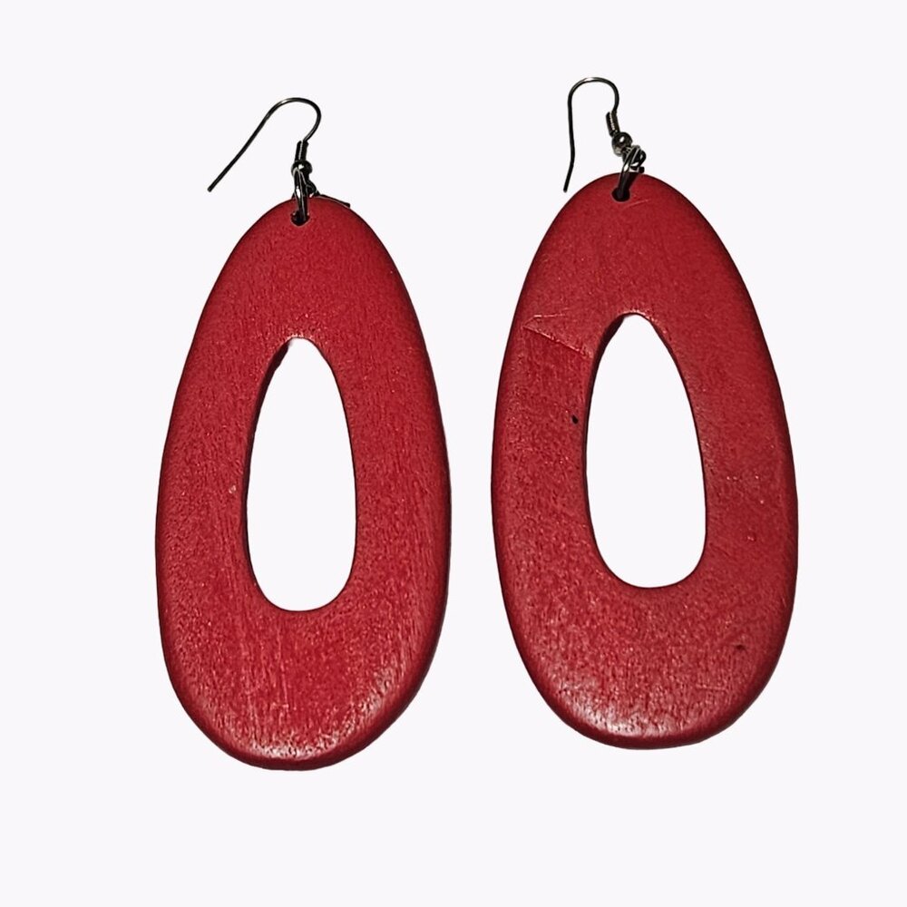 Retro Boho Red Wood Oval Fashion Dangle Chunky Earrings Statement Jewelry Women